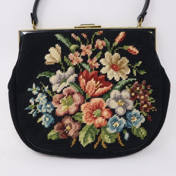 Anton Moritz New York Vintage Custom Bags Needlepoint Handbag Black Floral - Picture 2 of 8